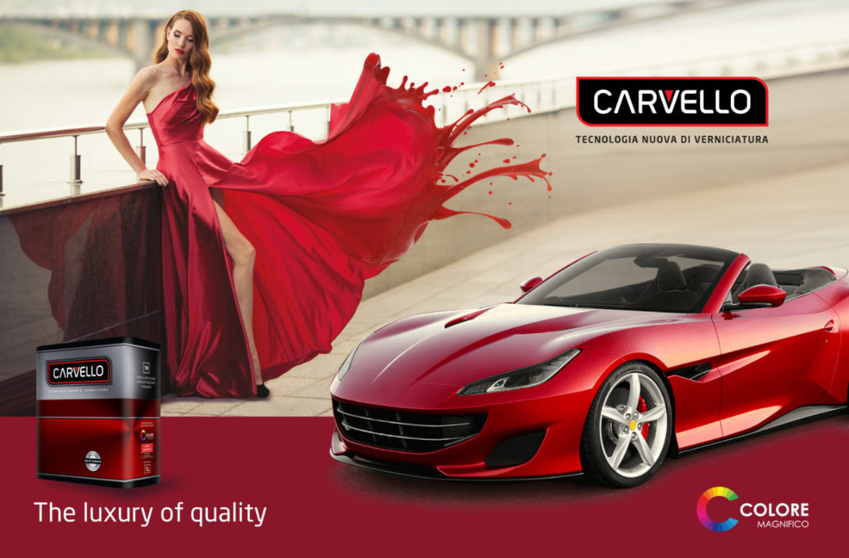 Red sports car with a woman in a red dress and Carvello paint cans on a scenic background.